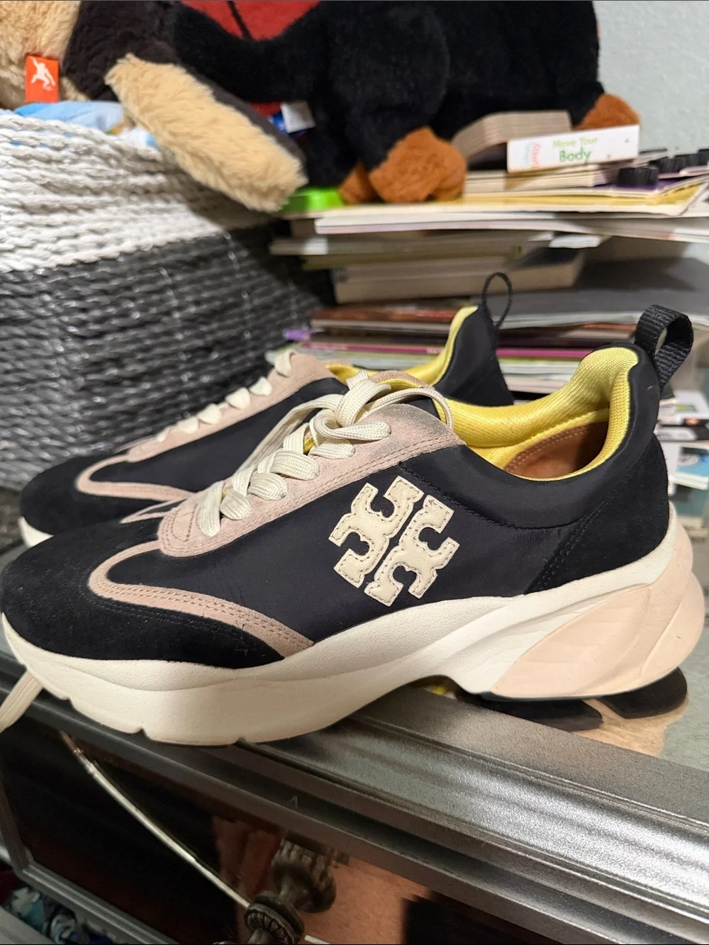 Tory Burch Black and Beige Chunky Platform Sneaker with Yellow Lining